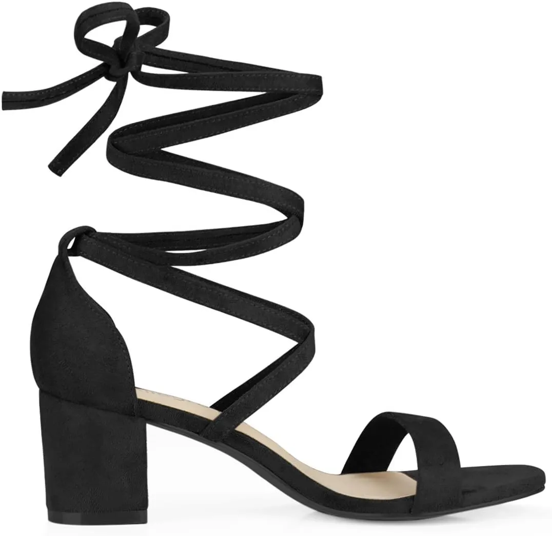 Allegra K Women's Open Toe Lace Up Mid Chunky Heeled Sandals