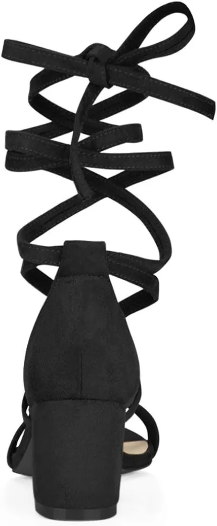 Allegra K Women's Open Toe Lace Up Mid Chunky Heeled Sandals