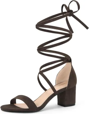 Allegra K Women's Open Toe Lace Up Mid Chunky Heeled Sandals