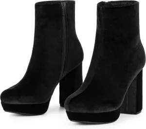 Allegra K Women's Platform Block Heels Faux Velvet Ankle Boots
