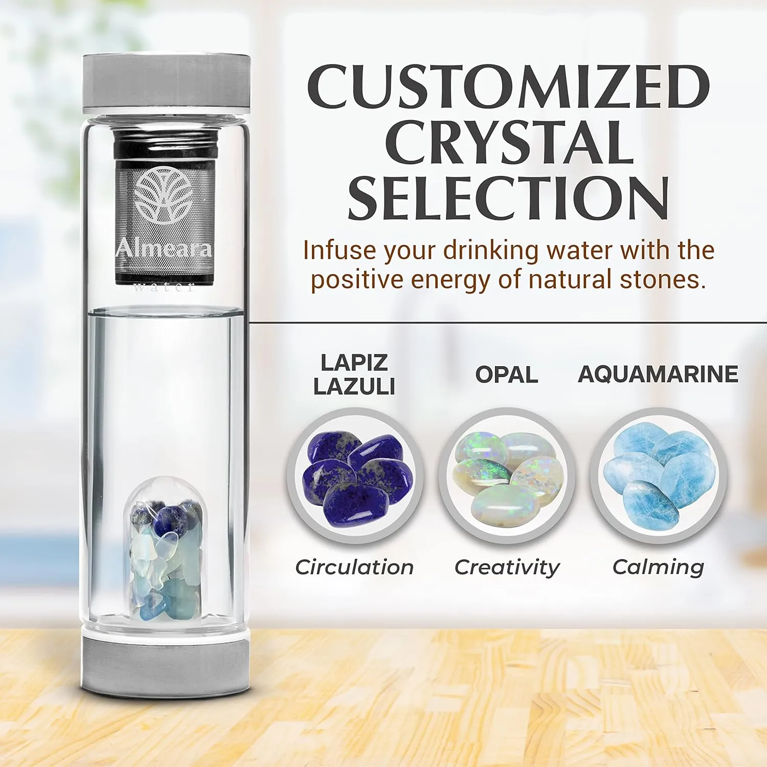 Almeara Crystal Water Bottle with Authentic Lapis Lazuli, Opal Stones & Aquamarine Removable Gemstones, Loose Leaf Tea Infuser - Relaxation, Healing & Spiritual Gifts for Women - Witchcraft Supplies