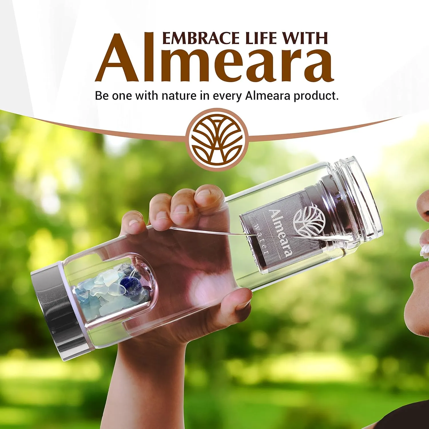 Almeara Crystal Water Bottle with Authentic Lapis Lazuli, Opal Stones & Aquamarine Removable Gemstones, Loose Leaf Tea Infuser - Relaxation, Healing & Spiritual Gifts for Women - Witchcraft Supplies