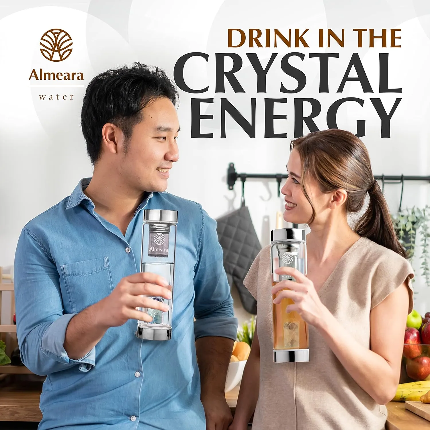 Almeara Crystal Water Bottle with Authentic Lapis Lazuli, Opal Stones & Aquamarine Removable Gemstones, Loose Leaf Tea Infuser - Relaxation, Healing & Spiritual Gifts for Women - Witchcraft Supplies