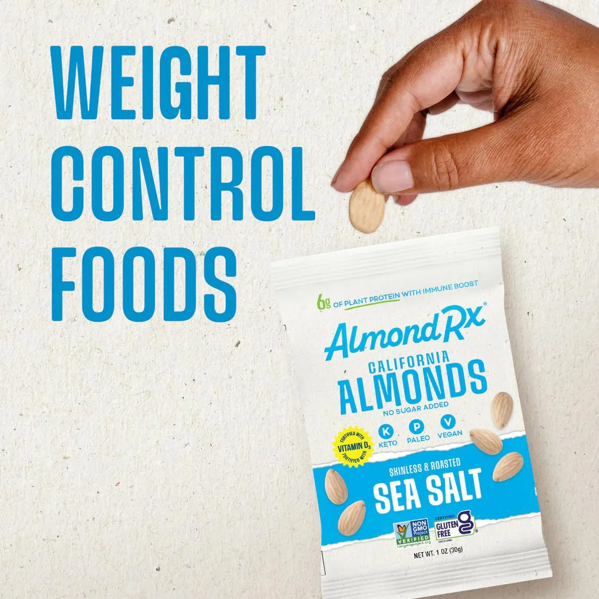 AlmondRx | Heart Healthy Skinless Lightly Salted California Almond Snack Packs | Fortified with Vitamin D | Plant Protein | Keto | Vegan | No Sugar Added (48 Pack, Sea Salt)