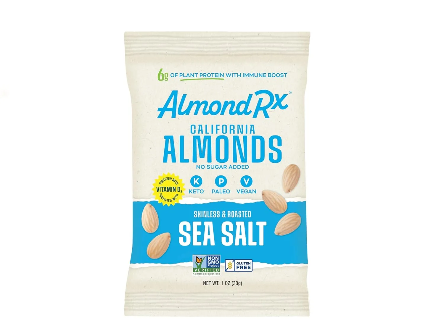 AlmondRx | Heart Healthy Skinless Lightly Salted California Almond Snack Packs | Fortified with Vitamin D | Plant Protein | Keto | Vegan | No Sugar Added (48 Pack, Sea Salt)