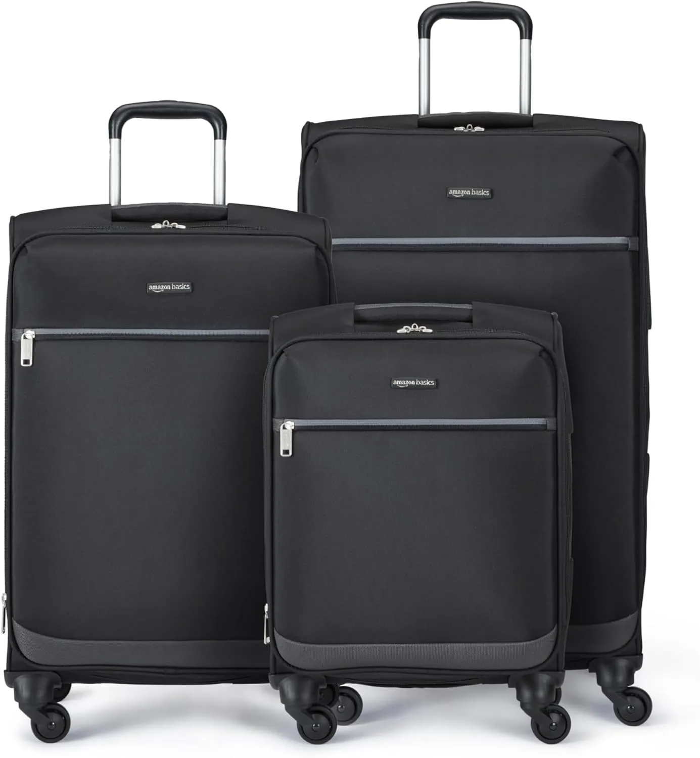 Amazon Basics 3-Piece Set (21", 25", 30"), Softside Suitcases With Wheels, With Four 360-Degree Multi-directional Spinner Wheels, Expandable Space, Zippered Pocket and Straps, Telescopic Handle, Black