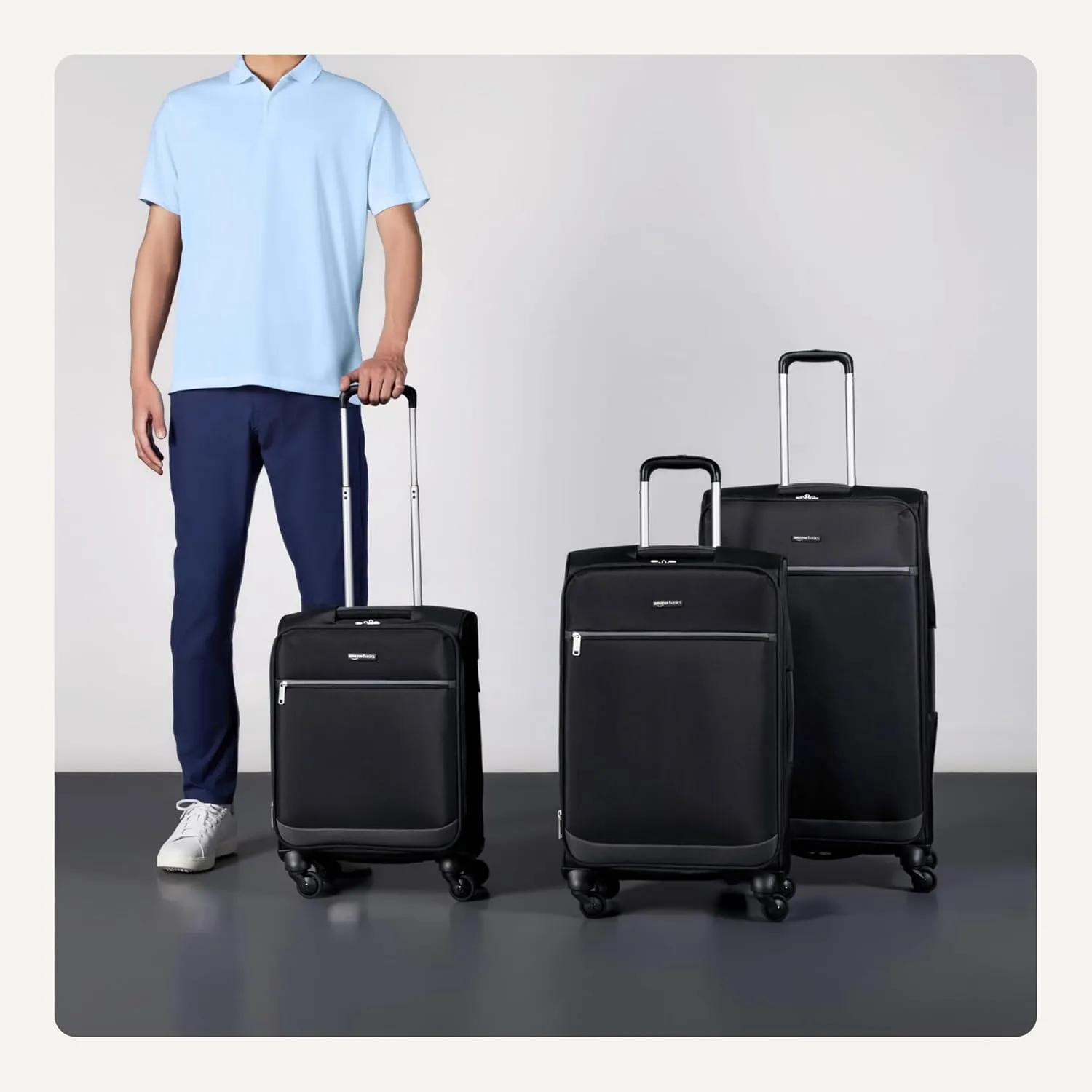 Amazon Basics 3-Piece Set (21", 25", 30"), Softside Suitcases With Wheels, With Four 360-Degree Multi-directional Spinner Wheels, Expandable Space, Zippered Pocket and Straps, Telescopic Handle, Black