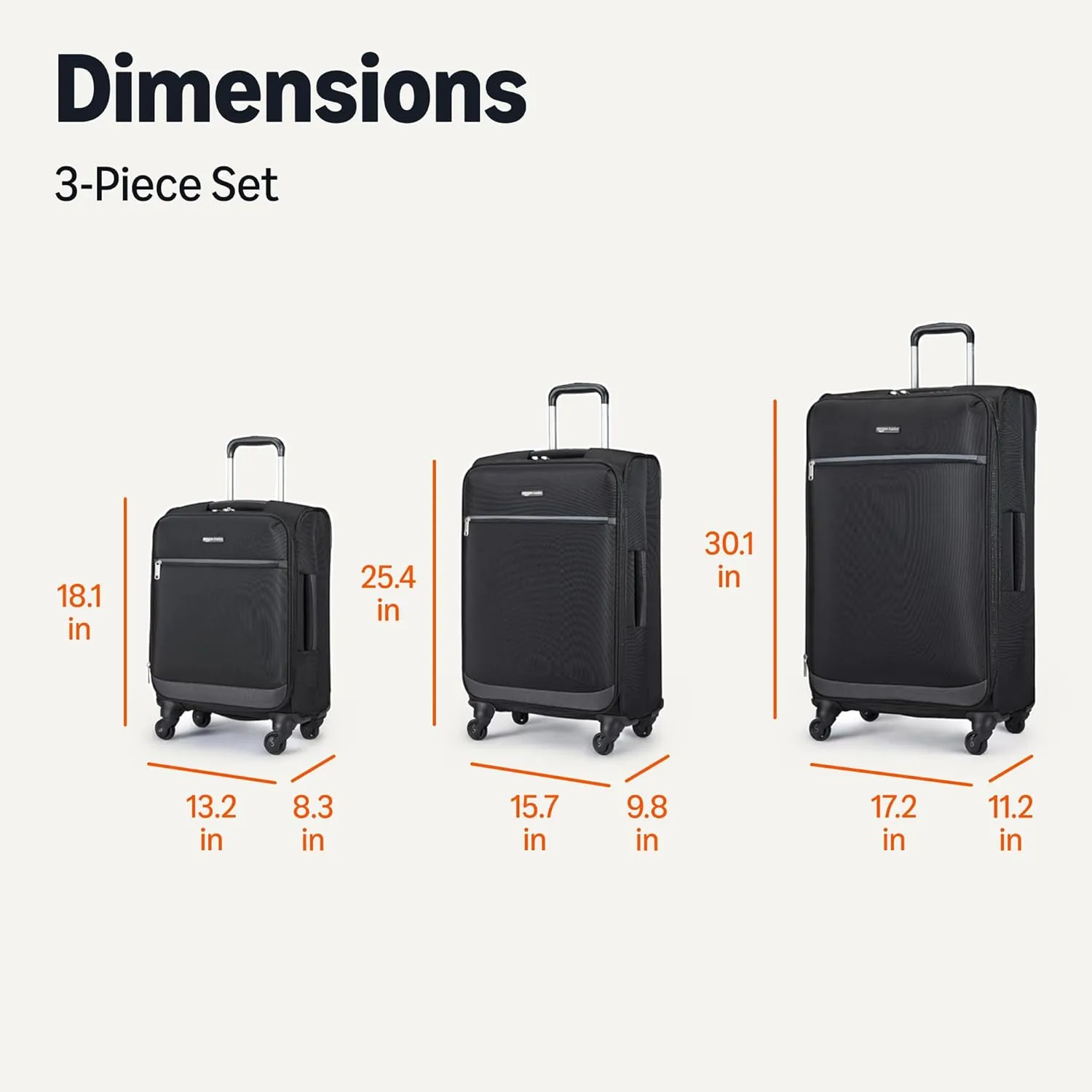 Amazon Basics 3-Piece Set (21", 25", 30"), Softside Suitcases With Wheels, With Four 360-Degree Multi-directional Spinner Wheels, Expandable Space, Zippered Pocket and Straps, Telescopic Handle, Black
