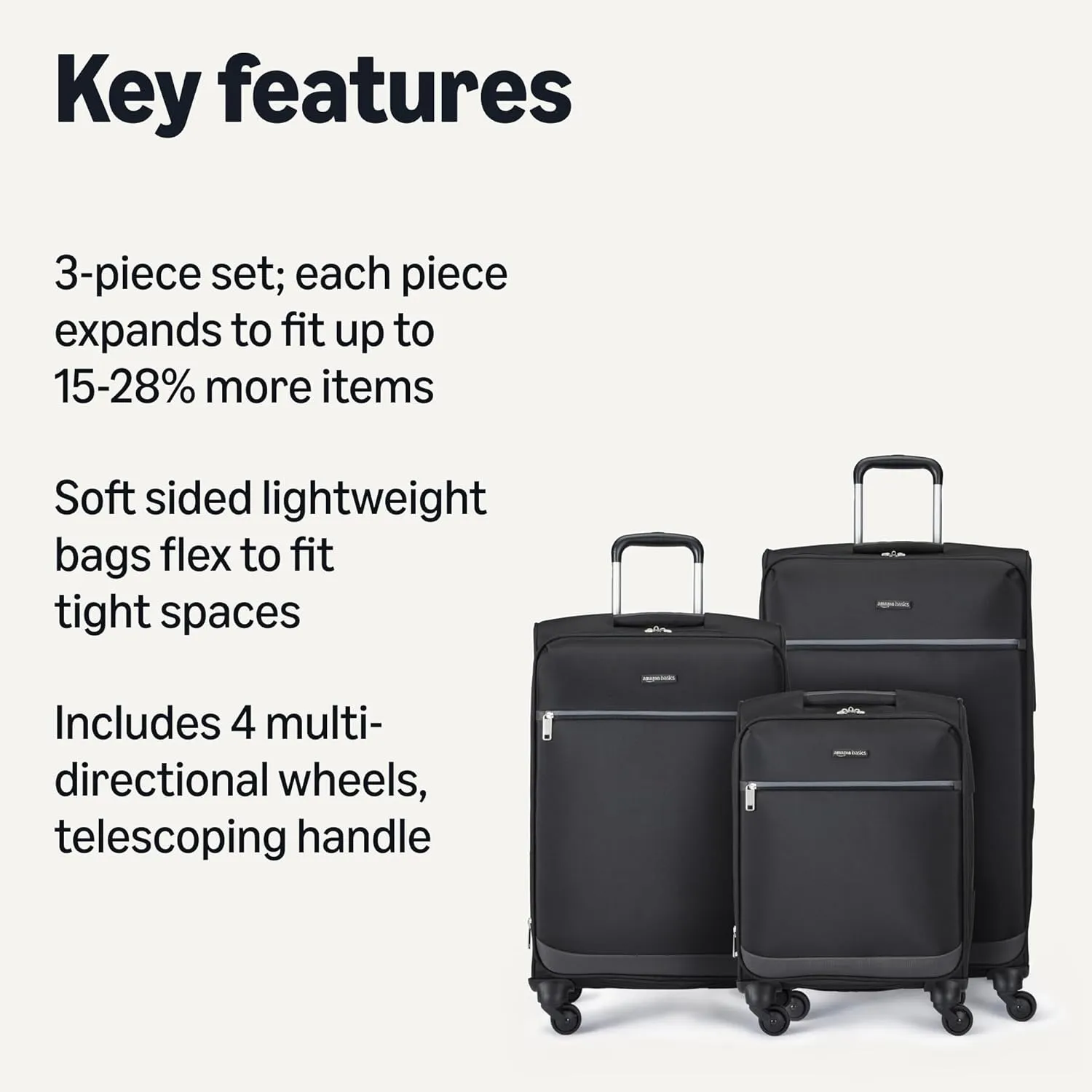 Amazon Basics 3-Piece Set (21", 25", 30"), Softside Suitcases With Wheels, With Four 360-Degree Multi-directional Spinner Wheels, Expandable Space, Zippered Pocket and Straps, Telescopic Handle, Black