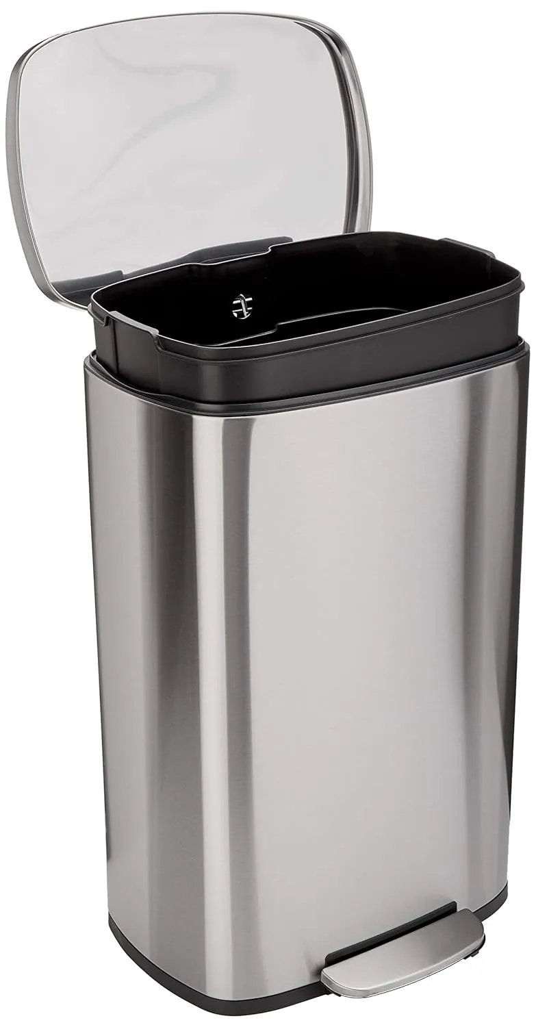 Amazon Basics Smudge Resistant Rectangular Trash Can With Soft-Close Foot Pedal, Brushed Stainless Steel, 50 liter/13.2 gallon, Satin Nickel Finish, 16.7"L x 14.7"W x 25.9"H
