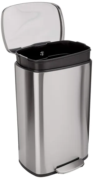 Amazon Basics Smudge Resistant Rectangular Trash Can With Soft-Close Foot Pedal, Brushed Stainless Steel, 50 liter/13.2 gallon, Satin Nickel Finish, 16.7"L x 14.7"W x 25.9"H