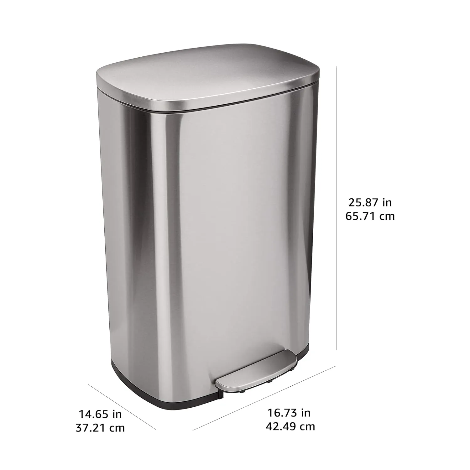 Amazon Basics Smudge Resistant Rectangular Trash Can With Soft-Close Foot Pedal, Brushed Stainless Steel, 50 liter/13.2 gallon, Satin Nickel Finish, 16.7"L x 14.7"W x 25.9"H