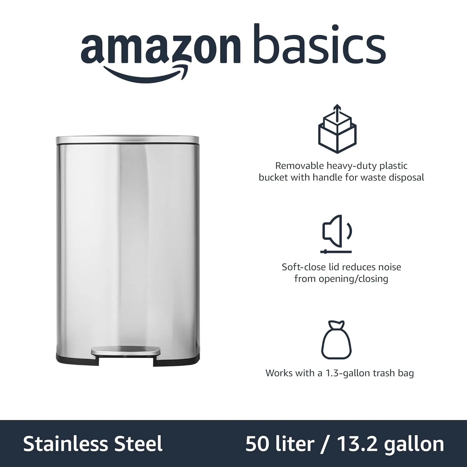Amazon Basics Smudge Resistant Rectangular Trash Can With Soft-Close Foot Pedal, Brushed Stainless Steel, 50 liter/13.2 gallon, Satin Nickel Finish, 16.7"L x 14.7"W x 25.9"H