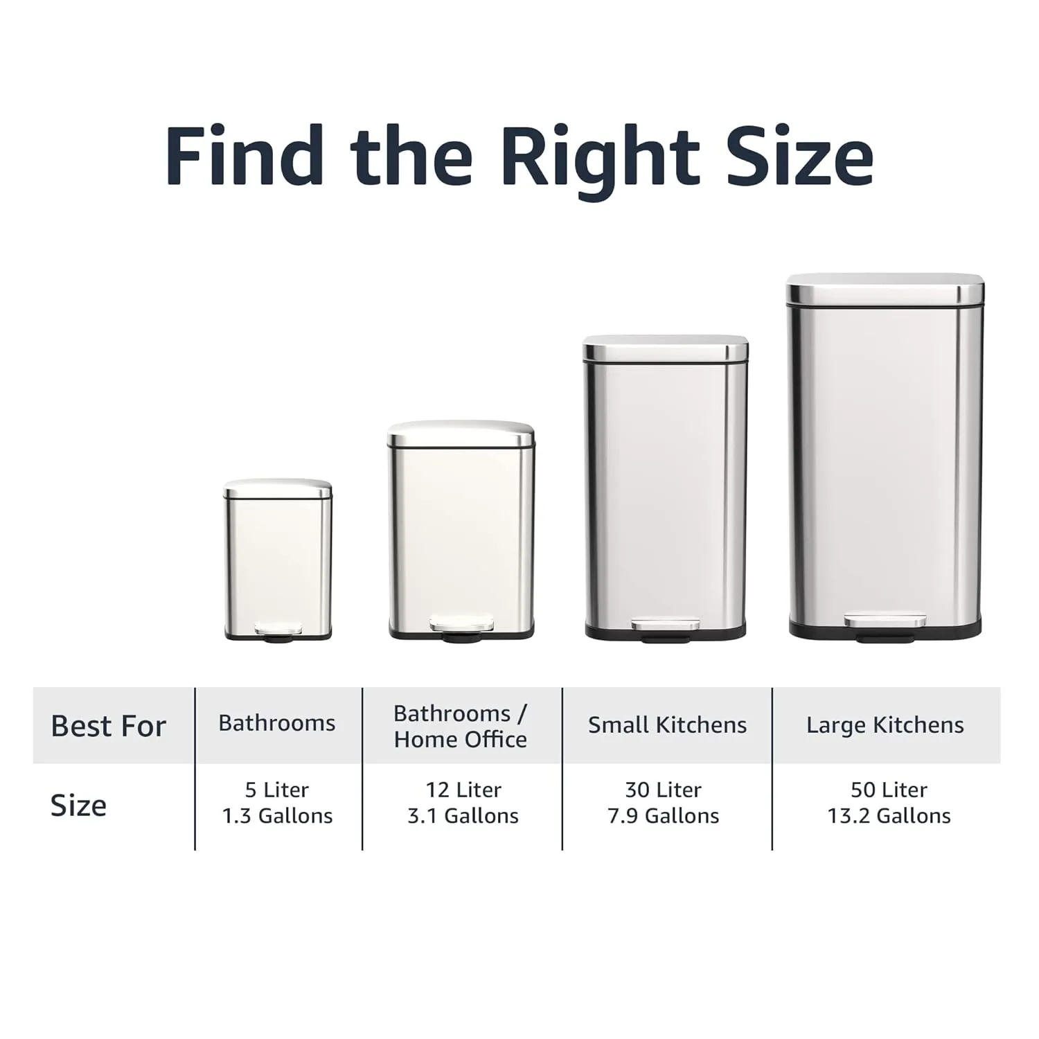 Amazon Basics Smudge Resistant Rectangular Trash Can With Soft-Close Foot Pedal, Brushed Stainless Steel, 50 liter/13.2 gallon, Satin Nickel Finish, 16.7"L x 14.7"W x 25.9"H
