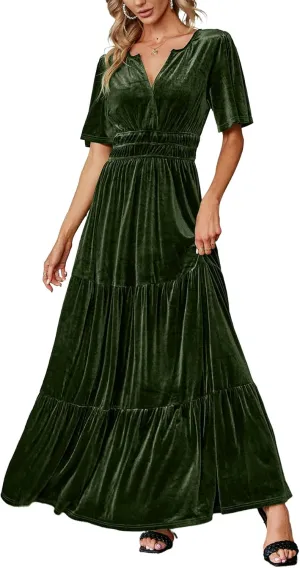 Amegoya Women's Velvet Short Sleeve V Neck Formal Wedding Guest Maxi Dresses Fall Evening Party Long Dresses