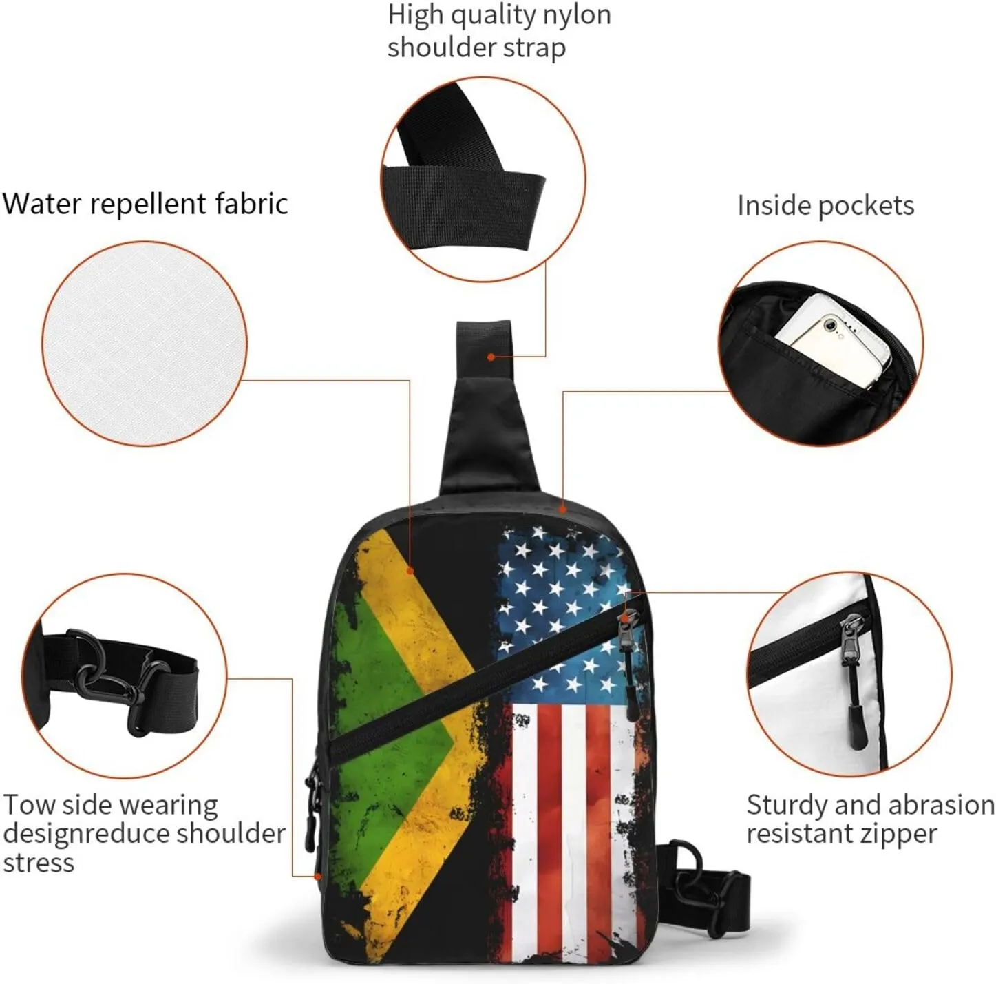 American Flag And Jamaican Flag Portable Crossbody Bag Foldable Sling Bags Sports Gym Chest Daypack Reusable Shoulder Backpack Casual Diagonally Rucksack Fanny Packs