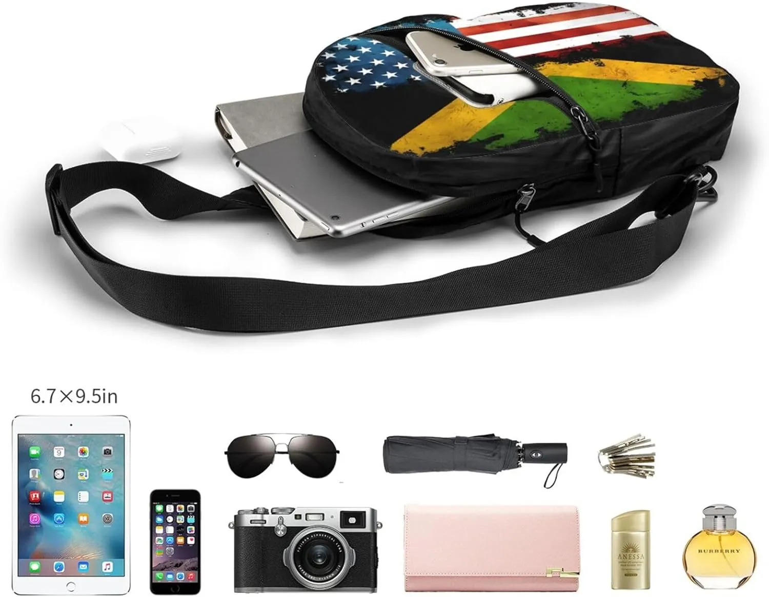 American Flag And Jamaican Flag Portable Crossbody Bag Foldable Sling Bags Sports Gym Chest Daypack Reusable Shoulder Backpack Casual Diagonally Rucksack Fanny Packs