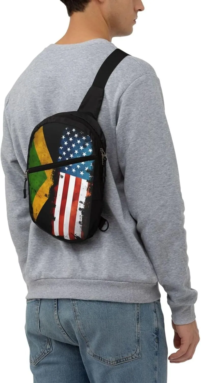 American Flag And Jamaican Flag Portable Crossbody Bag Foldable Sling Bags Sports Gym Chest Daypack Reusable Shoulder Backpack Casual Diagonally Rucksack Fanny Packs