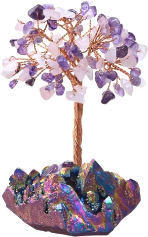 Amethyst & Rose Quartz Crystal Tree with Rainbow Titanium Coated Raw Crystal Cluster Base for Reiki Healing, Handmade Wire Wrapped Stone Money Tree Bonsai Feng Shui Home Decor