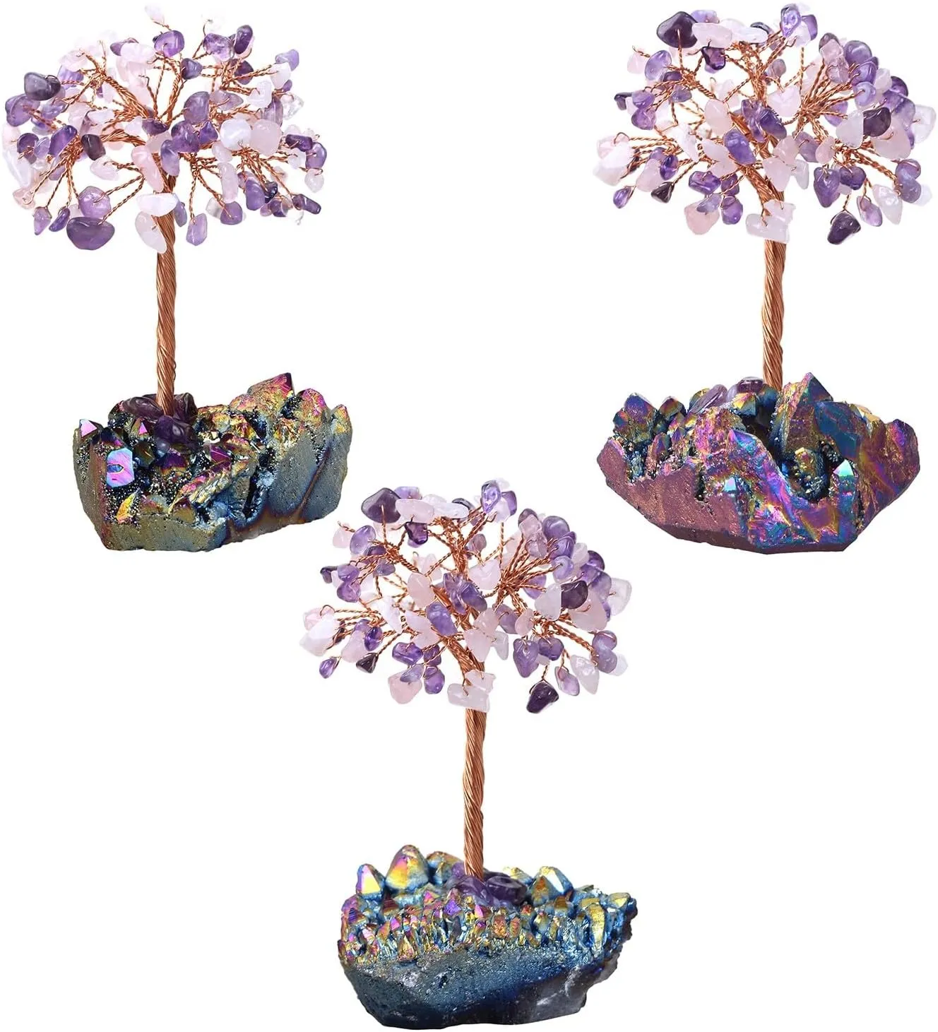 Amethyst & Rose Quartz Crystal Tree with Rainbow Titanium Coated Raw Crystal Cluster Base for Reiki Healing, Handmade Wire Wrapped Stone Money Tree Bonsai Feng Shui Home Decor