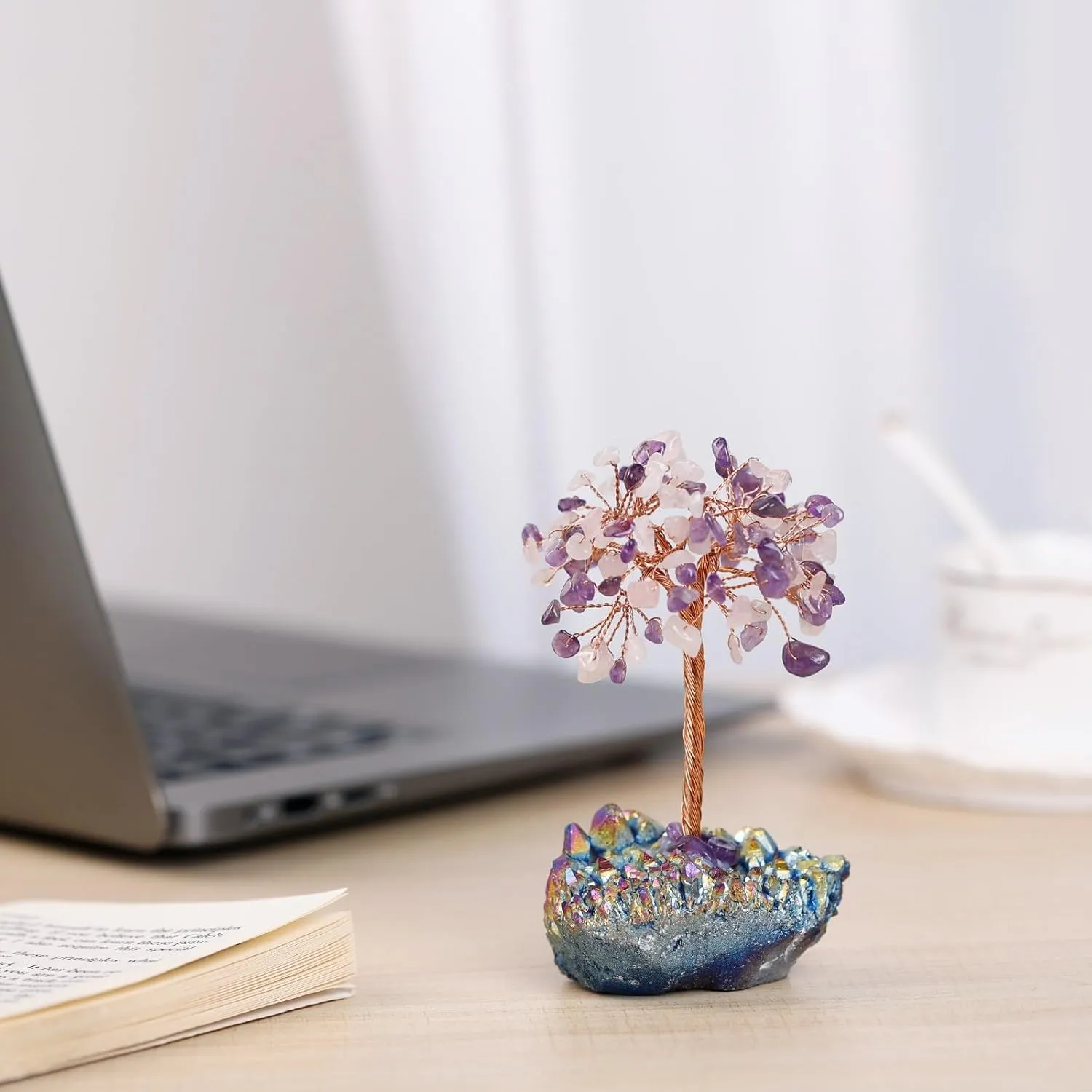 Amethyst & Rose Quartz Crystal Tree with Rainbow Titanium Coated Raw Crystal Cluster Base for Reiki Healing, Handmade Wire Wrapped Stone Money Tree Bonsai Feng Shui Home Decor