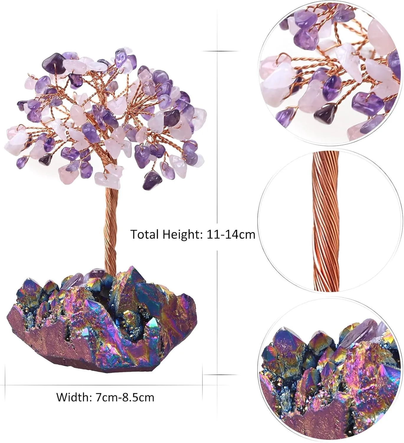 Amethyst & Rose Quartz Crystal Tree with Rainbow Titanium Coated Raw Crystal Cluster Base for Reiki Healing, Handmade Wire Wrapped Stone Money Tree Bonsai Feng Shui Home Decor