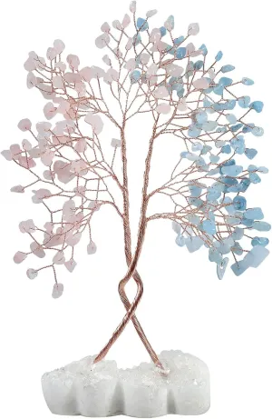 Amogeeli Rose Quartz & Aquamarine Tree of Life on Double Heart-Shaped Crystal Cluster, Natural Rock Crystal Love Tree Bonsai Decor for Luck Wealth Positive