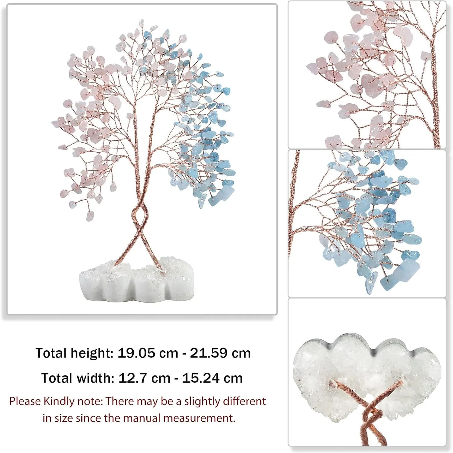 Amogeeli Rose Quartz & Aquamarine Tree of Life on Double Heart-Shaped Crystal Cluster, Natural Rock Crystal Love Tree Bonsai Decor for Luck Wealth Positive
