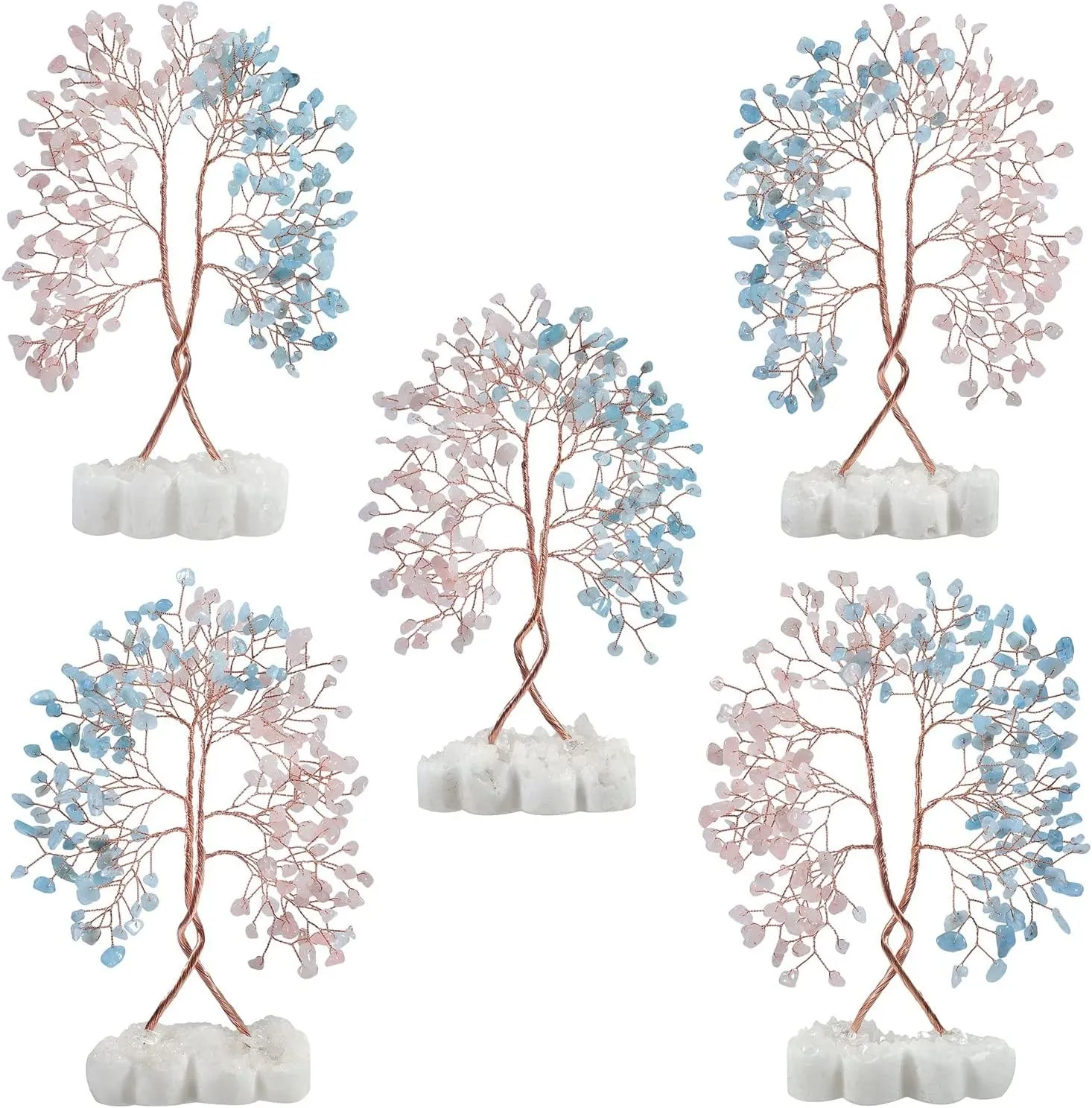 Amogeeli Rose Quartz & Aquamarine Tree of Life on Double Heart-Shaped Crystal Cluster, Natural Rock Crystal Love Tree Bonsai Decor for Luck Wealth Positive