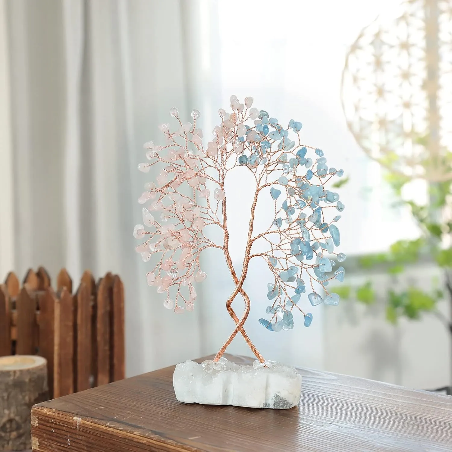 Amogeeli Rose Quartz & Aquamarine Tree of Life on Double Heart-Shaped Crystal Cluster, Natural Rock Crystal Love Tree Bonsai Decor for Luck Wealth Positive