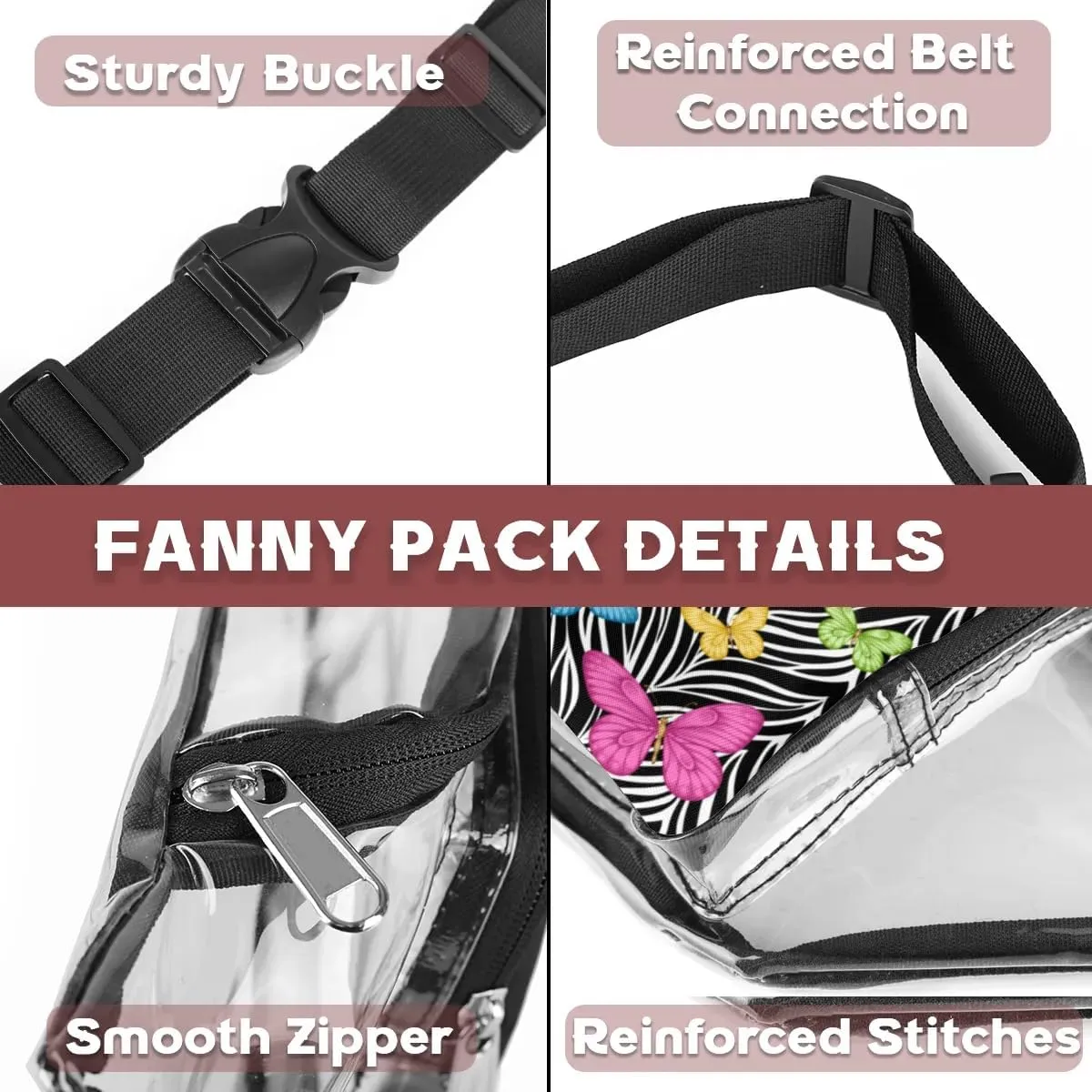 Animal Zebra Print Butterfly Clear Fanny Pack Stadium Approved Clear Crossbody Belt Bag for Women Men Transparent Waist Bag with Adjustable Strap for Concerts Sports Events Travel