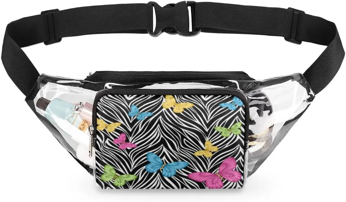 Animal Zebra Print Butterfly Clear Fanny Pack Stadium Approved Clear Crossbody Belt Bag for Women Men Transparent Waist Bag with Adjustable Strap for Concerts Sports Events Travel