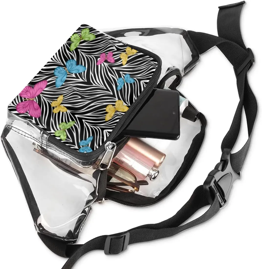 Animal Zebra Print Butterfly Clear Fanny Pack Stadium Approved Clear Crossbody Belt Bag for Women Men Transparent Waist Bag with Adjustable Strap for Concerts Sports Events Travel