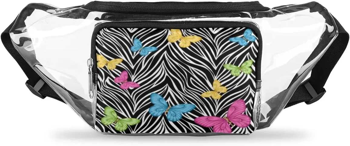 Animal Zebra Print Butterfly Clear Fanny Pack Stadium Approved Clear Crossbody Belt Bag for Women Men Transparent Waist Bag with Adjustable Strap for Concerts Sports Events Travel