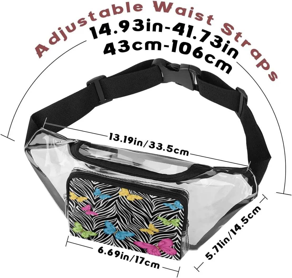 Animal Zebra Print Butterfly Clear Fanny Pack Stadium Approved Clear Crossbody Belt Bag for Women Men Transparent Waist Bag with Adjustable Strap for Concerts Sports Events Travel