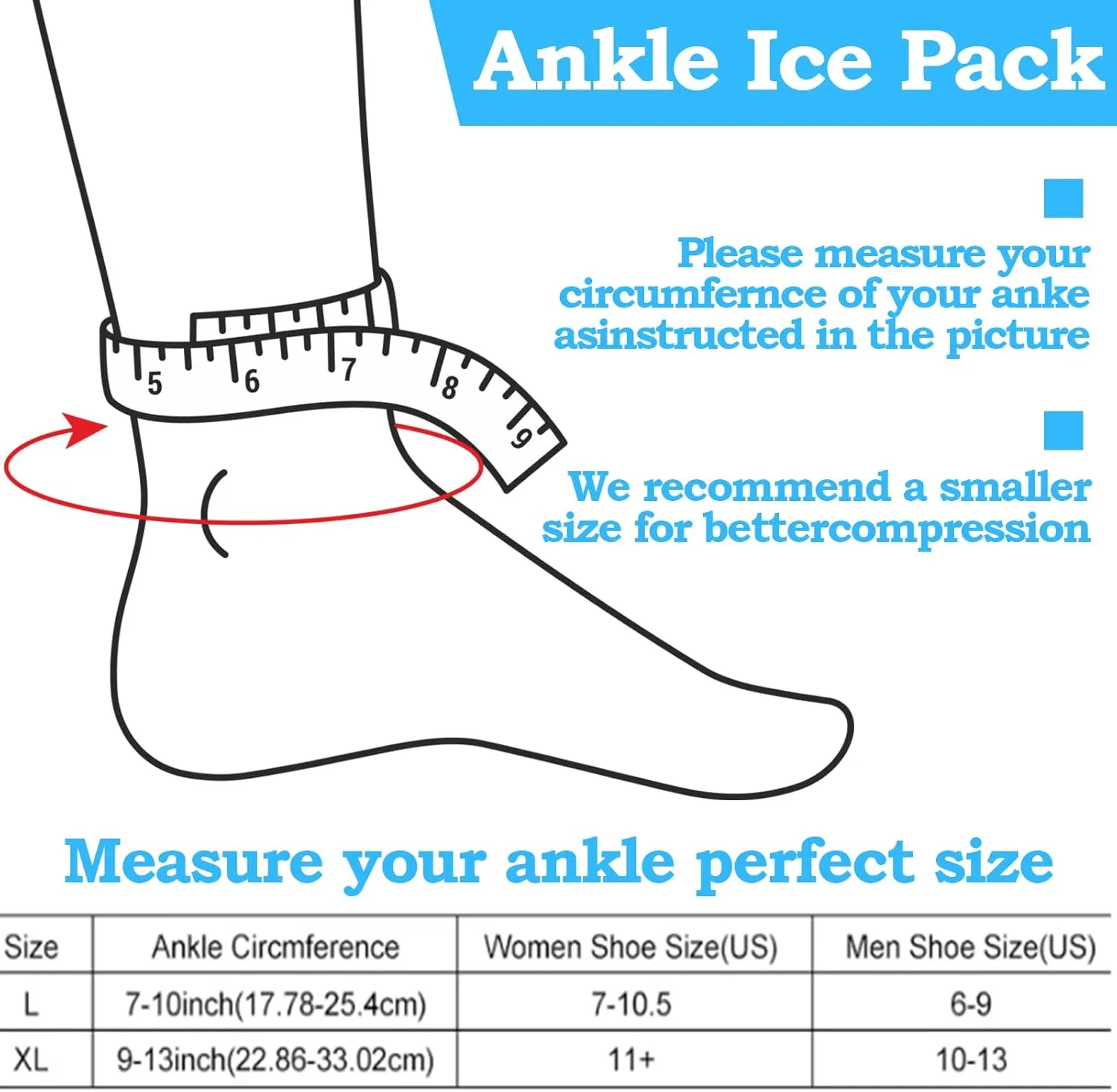 Ankle Ice Pack Wrap for Swelling, Reusable Ice Pack for Foot, Hot & Cold Therapies Ice Pack for Heel for Sprained Ankle Injuries, Plantar Fasciitis Relief, Achilles Tendonitis, Sore Feet Relief（L）
