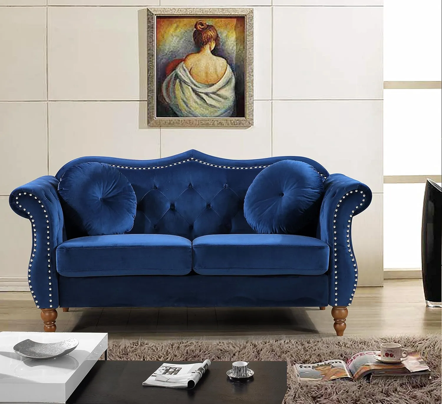 Anna1 Chesterfield Velvet Couches for Living Room, Button Tufted Luxury Upholstery with Rolled Arms, High-Density Foam, Durable Wood Frame, 65.5" Loveseat, Blue De France