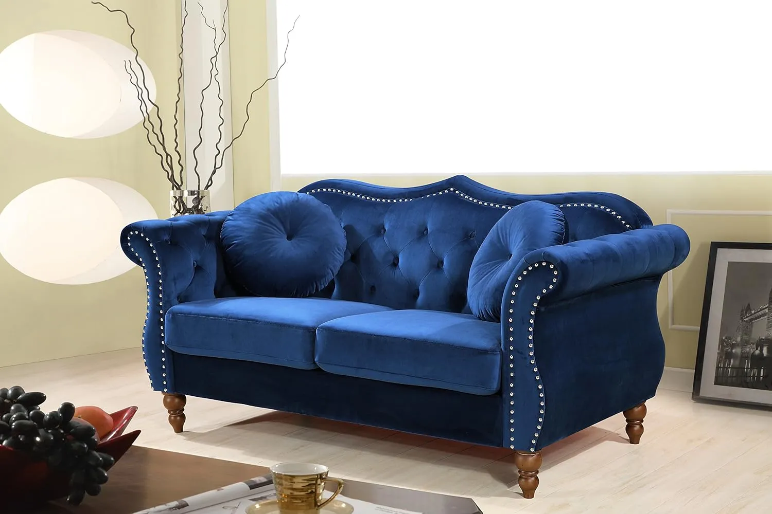 Anna1 Chesterfield Velvet Couches for Living Room, Button Tufted Luxury Upholstery with Rolled Arms, High-Density Foam, Durable Wood Frame, 65.5" Loveseat, Blue De France