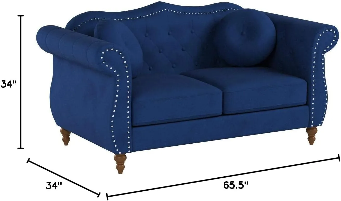 Anna1 Chesterfield Velvet Couches for Living Room, Button Tufted Luxury Upholstery with Rolled Arms, High-Density Foam, Durable Wood Frame, 65.5" Loveseat, Blue De France