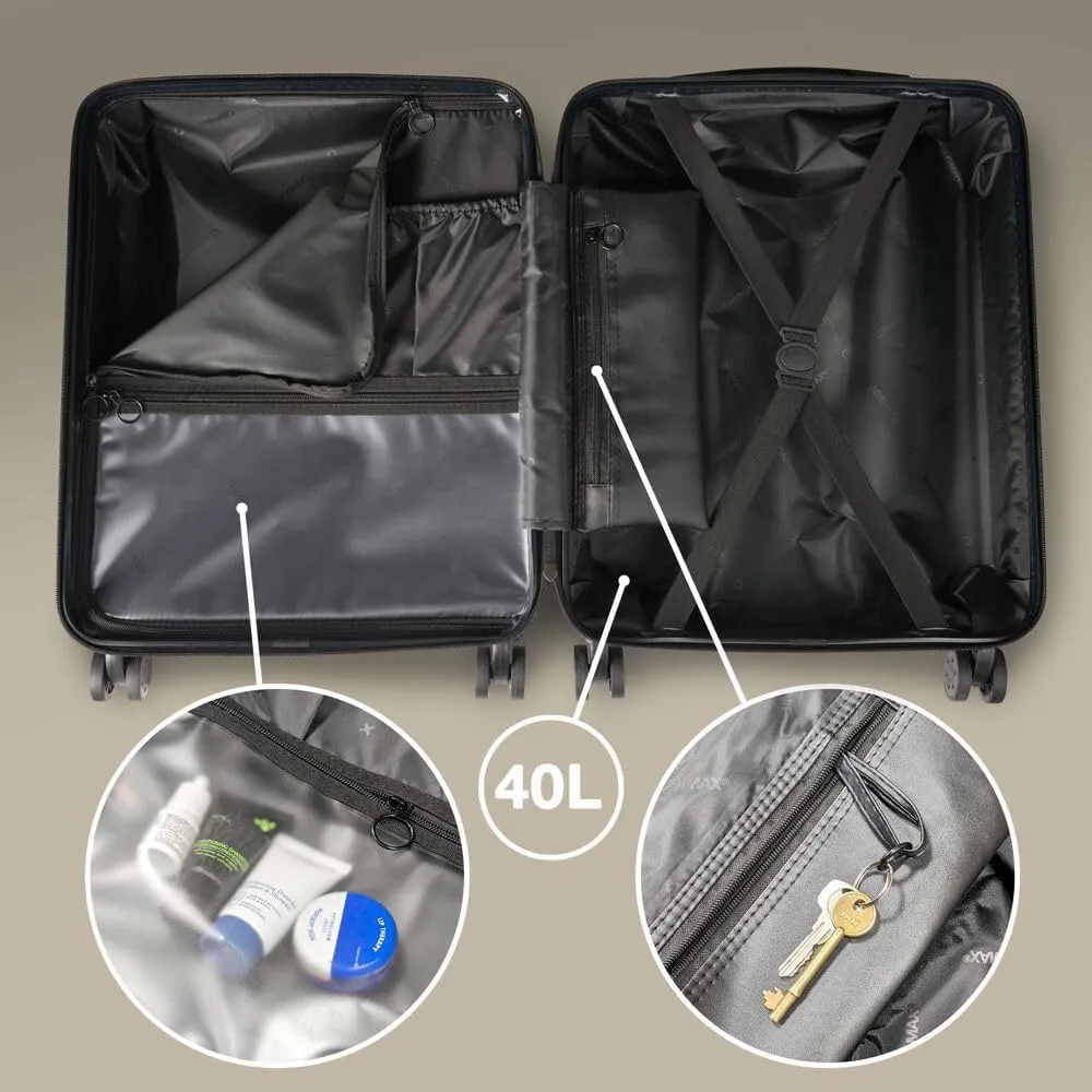 Anode 44L 55x40x20cm (22x16x8inch) Carry On Hand Luggage Suitcase - Lightweight, Hard Shell, 4 Wheels, 3 Digit Combination Lock (Black)