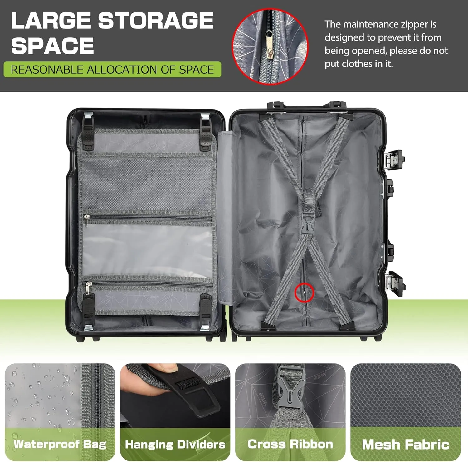 AnyZip Carry On Luggage - Aluminium Frame, PC ABS Hard Shell, Suitcases with Wheels, TSA Lock, No Zipper - 20in Black