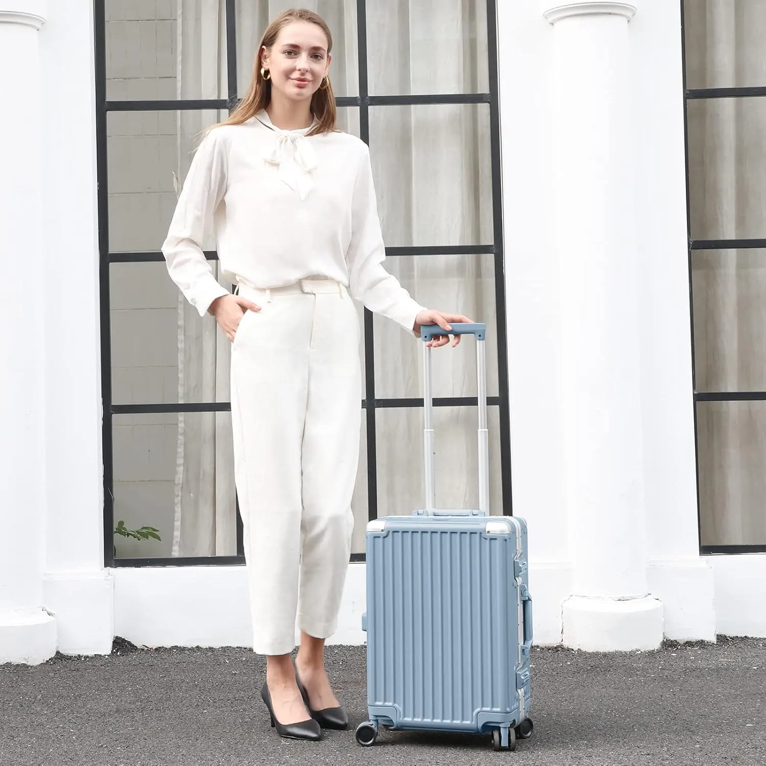 AnyZip Carry On Luggage - Aluminium Frame, PC ABS Hard Shell, Suitcases with Wheels, TSA Lock, No Zipper - 20in Haze Blue