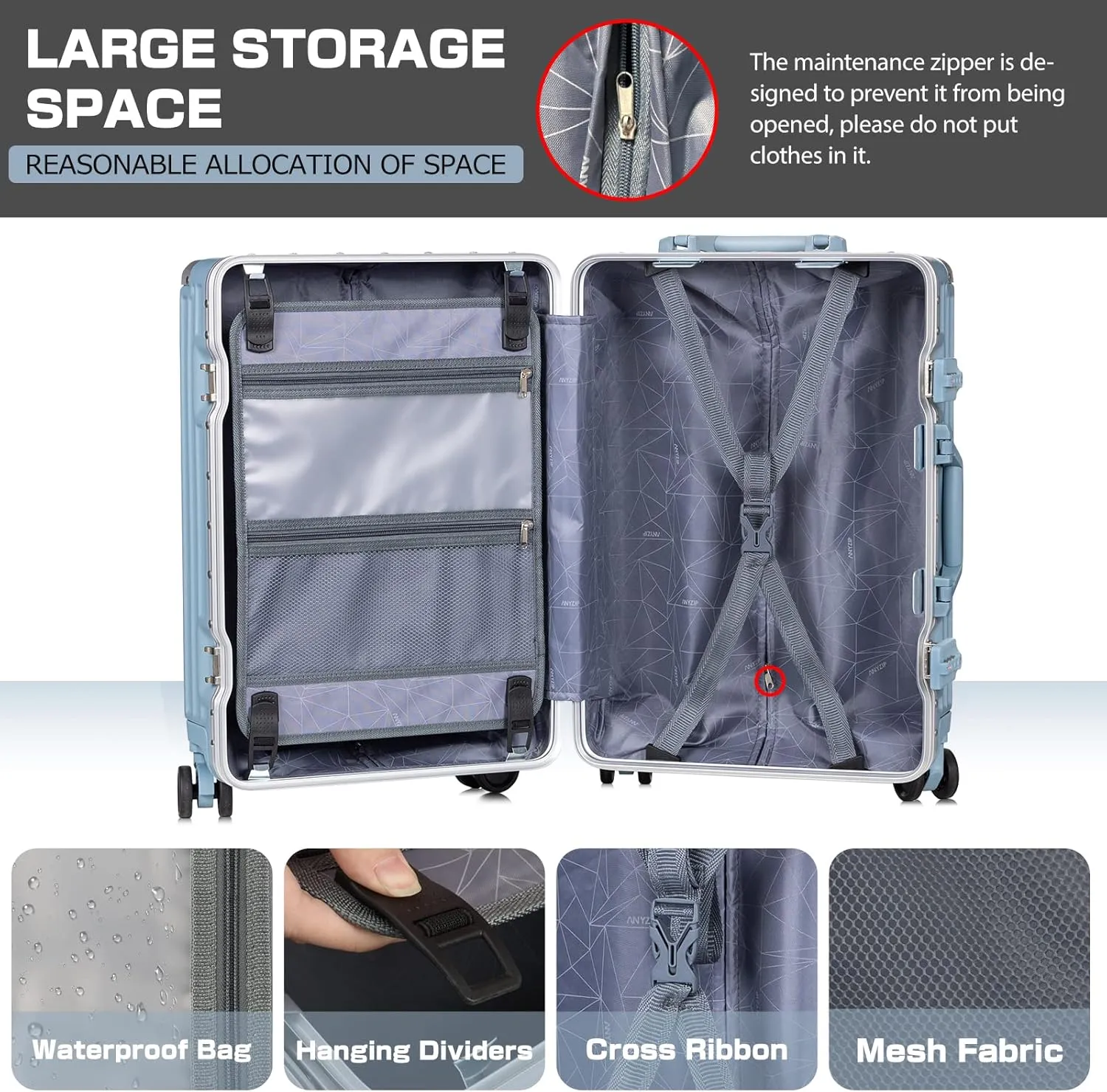 AnyZip Carry On Luggage - Aluminium Frame, PC ABS Hard Shell, Suitcases with Wheels, TSA Lock, No Zipper - 20in Haze Blue
