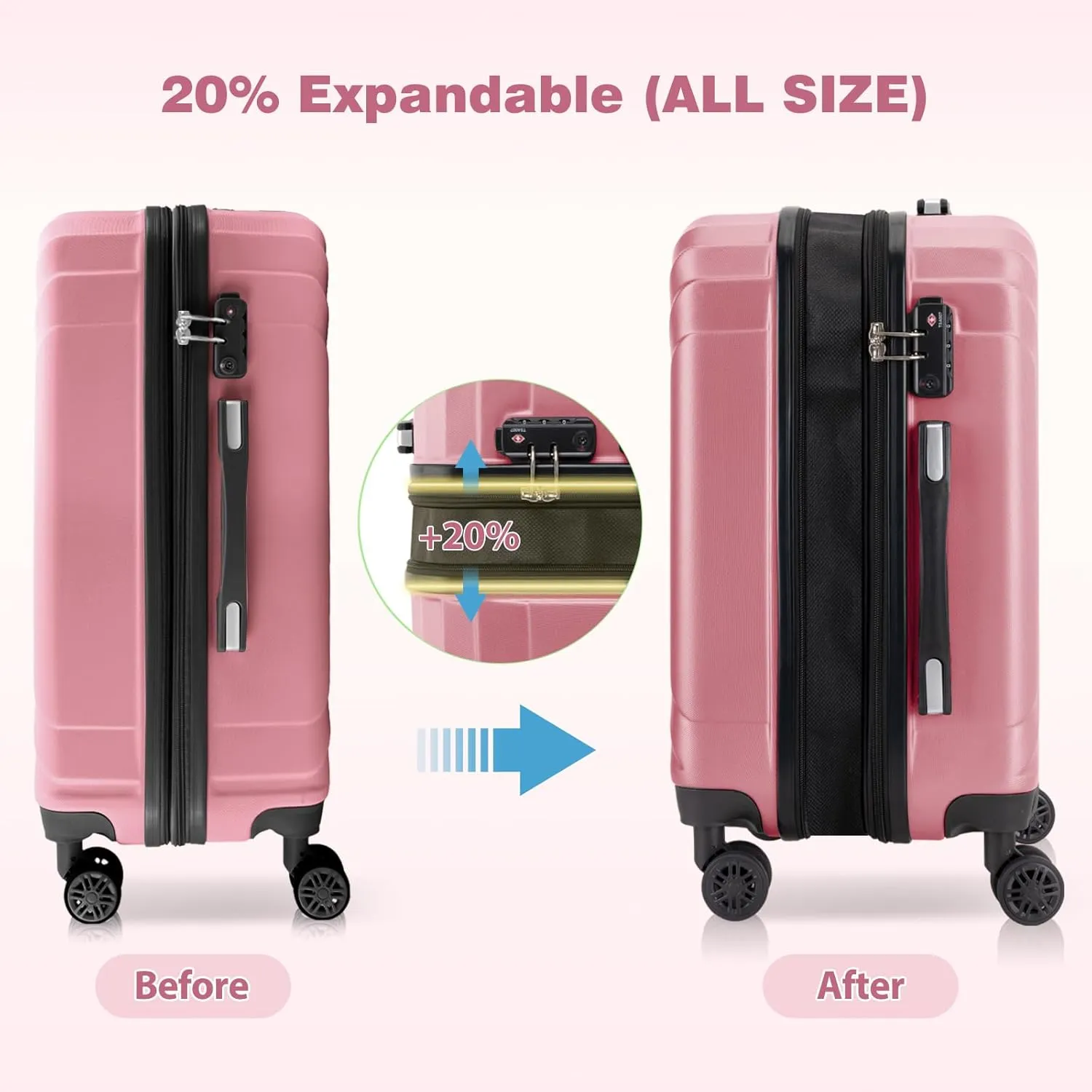 AnyZip Expandable Carry On Luggage, 20 Inch Hard Shell Travel Suitcase,Rolling Lightweight Suitcases with Wheels TSA Lock (Pink)
