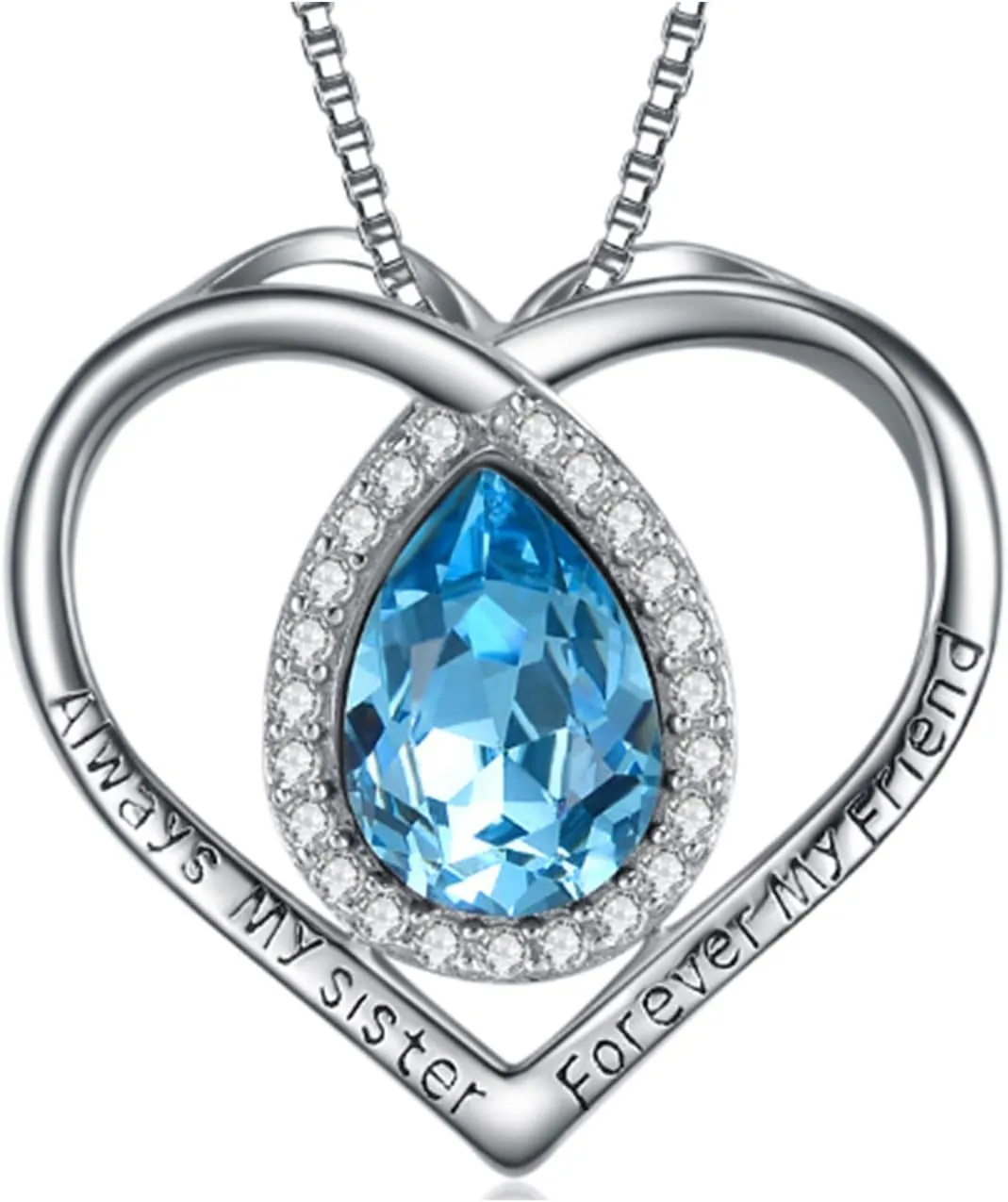 AOBOCO Always My Sister Forever My Friend Sterling Silver Heart Sister Necklace Embellished with Crystals from Austria, Inspirational Birthday Jewelry Gifts for Sister Twins Daughter BFF