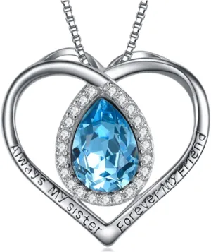 AOBOCO Always My Sister Forever My Friend Sterling Silver Heart Sister Necklace Embellished with Crystals from Austria, Inspirational Birthday Jewelry Gifts for Sister Twins Daughter BFF