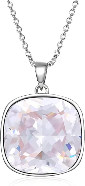 AOBOCO Cushion Cut Square Crystal Necklace Embellished with Crystals from Austria, Hypoallergenic Sterling Silver Pendant Necklace, Fine Anniversary Birthday Jewelry Gifts for Women