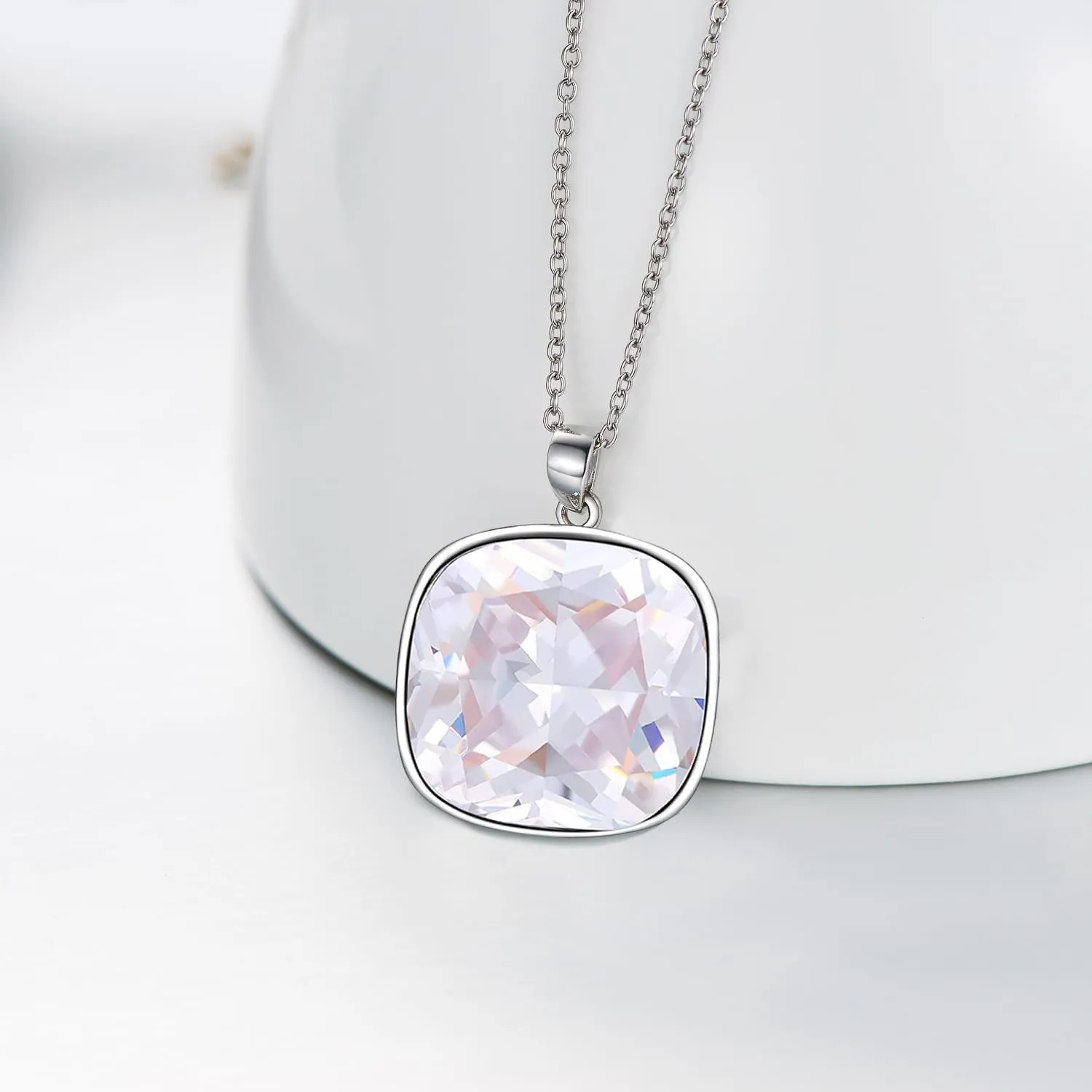 AOBOCO Cushion Cut Square Crystal Necklace Embellished with Crystals from Austria, Hypoallergenic Sterling Silver Pendant Necklace, Fine Anniversary Birthday Jewelry Gifts for Women