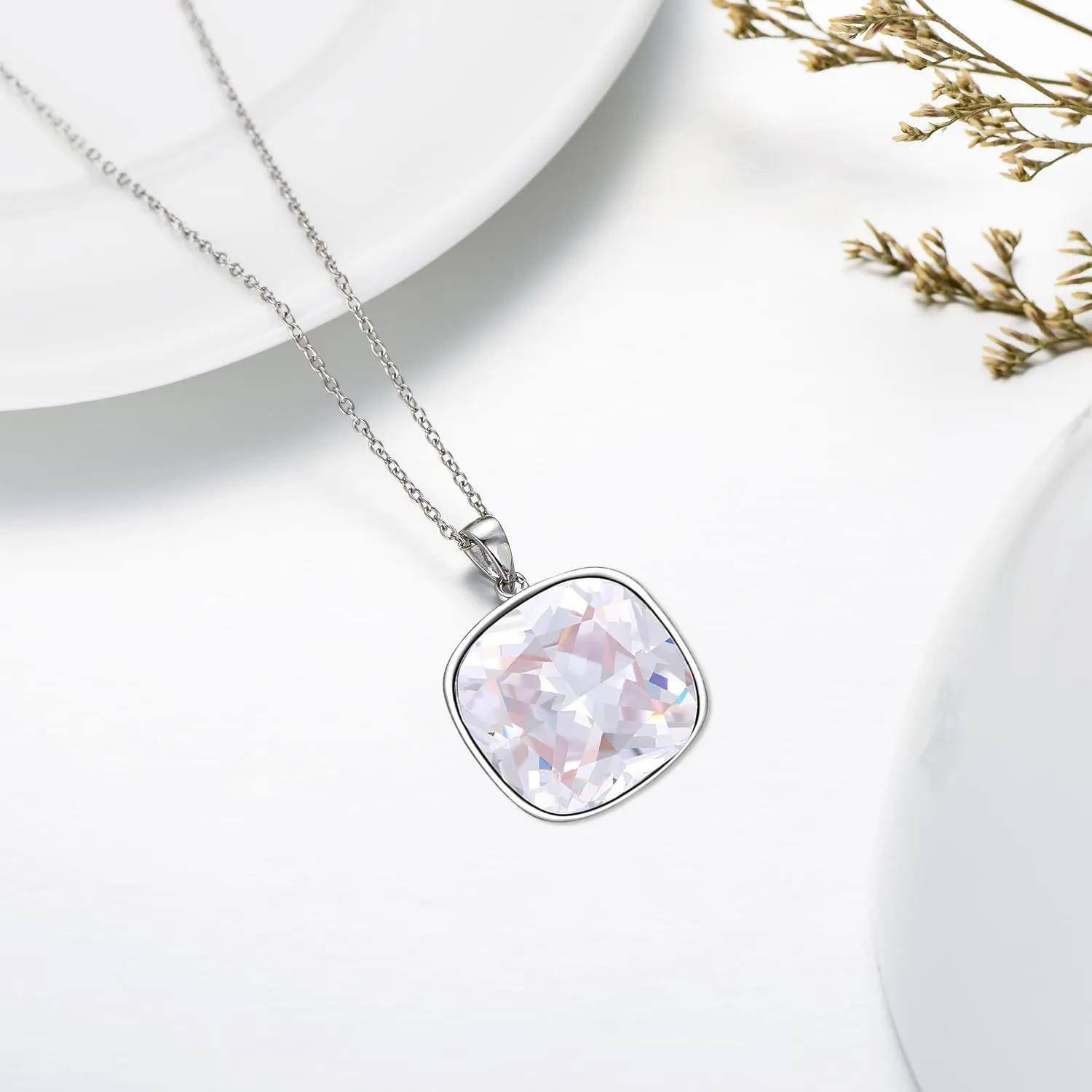 AOBOCO Cushion Cut Square Crystal Necklace Embellished with Crystals from Austria, Hypoallergenic Sterling Silver Pendant Necklace, Fine Anniversary Birthday Jewelry Gifts for Women
