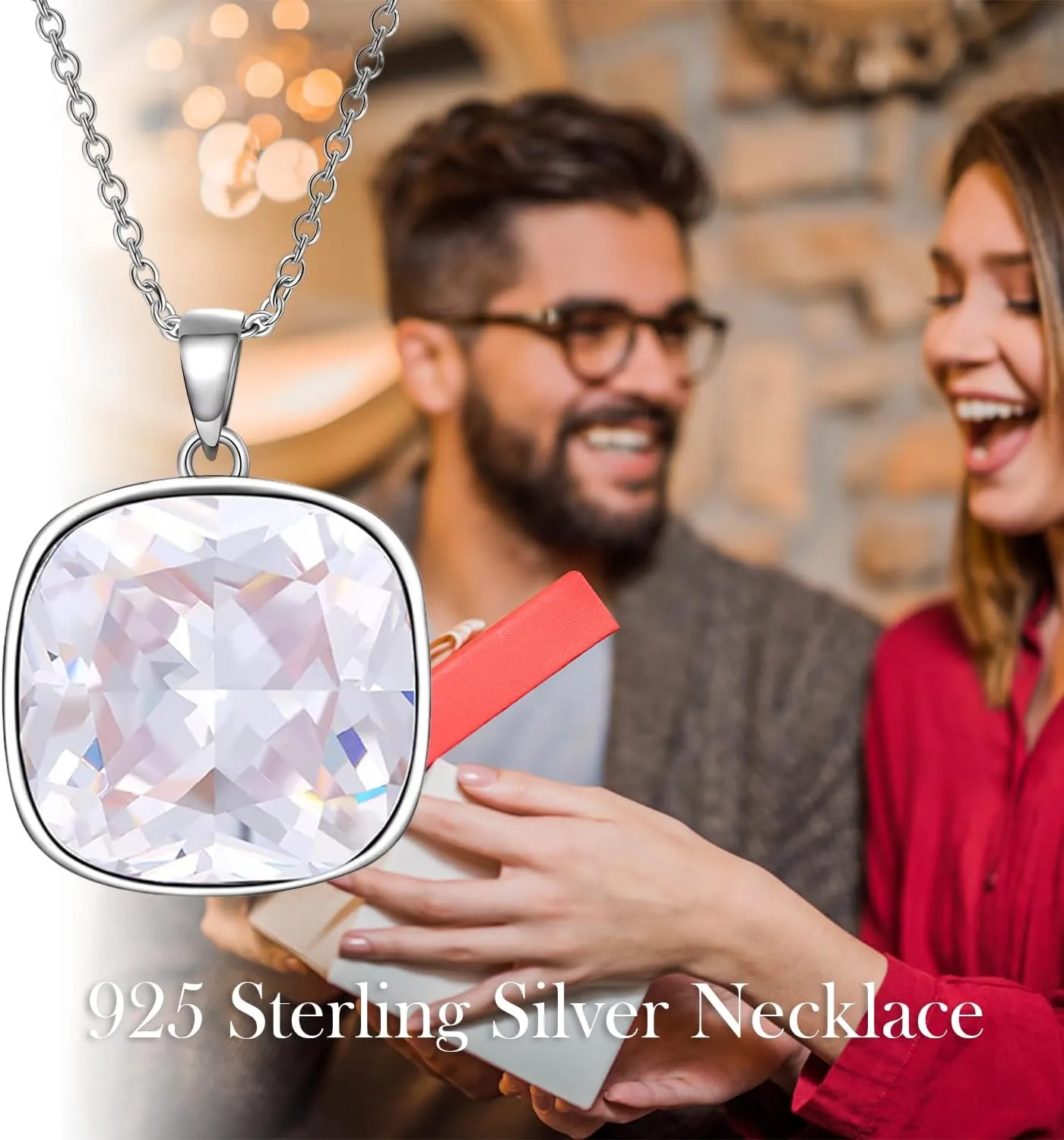 AOBOCO Cushion Cut Square Crystal Necklace Embellished with Crystals from Austria, Hypoallergenic Sterling Silver Pendant Necklace, Fine Anniversary Birthday Jewelry Gifts for Women